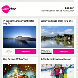 4* Sunborn London Yacht Hotel Stay for 2 | Luxury Yorkshire Break for 2 or 4 | Hop On Hop Off Bus Tour | 2-3hr Ski or Snowboard Lesson | Mystery Holiday - 2024 Dates