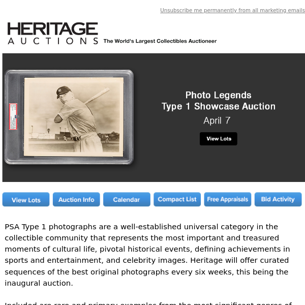 Highlighting: April 7 Photo Legends Type 1 Showcase Auction