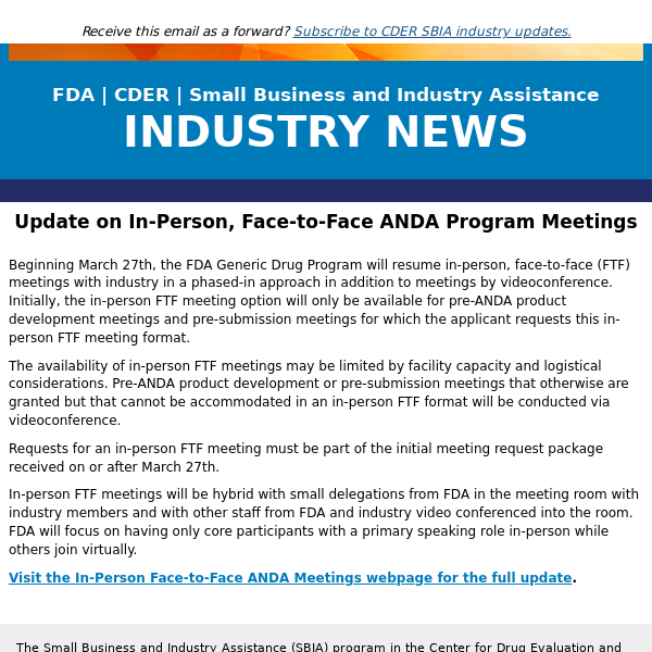 Update on In-Person, Face-to-Face ANDA Program Meetings