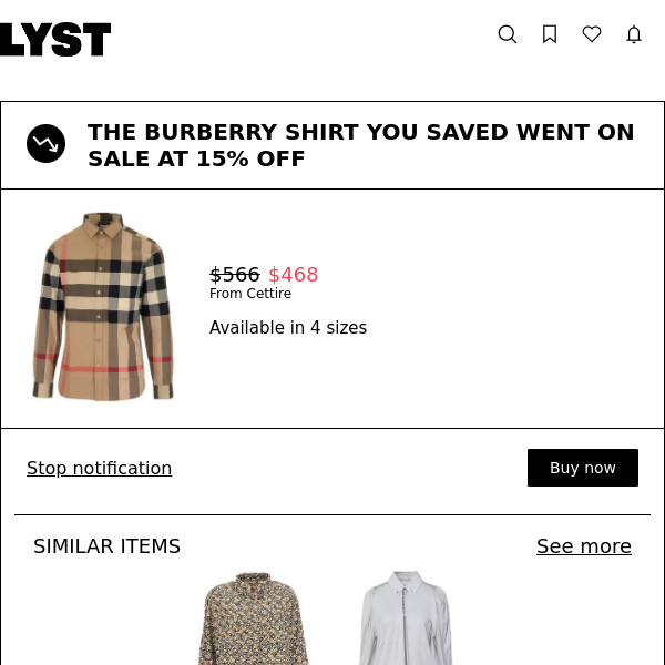 The Burberry shirt you saved went on sale at 15% off