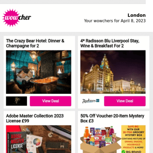 The Crazy Bear Hotel: Dinner & Champagne for 2 | 4* Radisson Blu Liverpool Stay, Wine & Breakfast For 2 | Adobe Master Collection 2023 License £99 | 50% Off Voucher-20-Item Mystery Box £3 | Coyote Ugly Themed Brunch For 2 £39