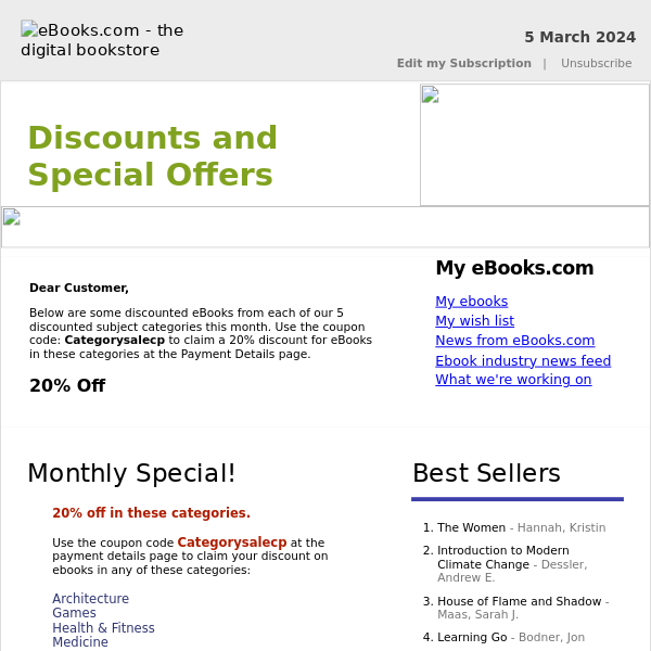 Discounts and Special Offers : MARCH Discount Categories, 20% Off, See Coupon Code