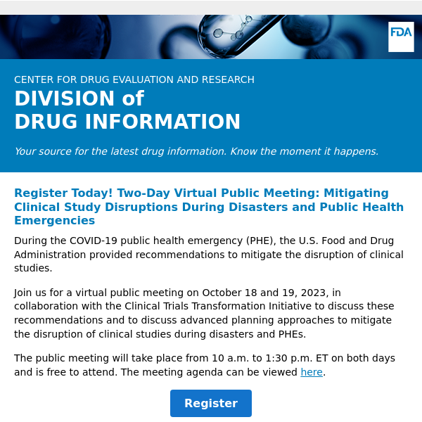 Register Today! Two-Day Virtual Public Meeting: Mitigating Clinical Study Disruptions During Disasters and Public Health Emergencies - Drug Information Update