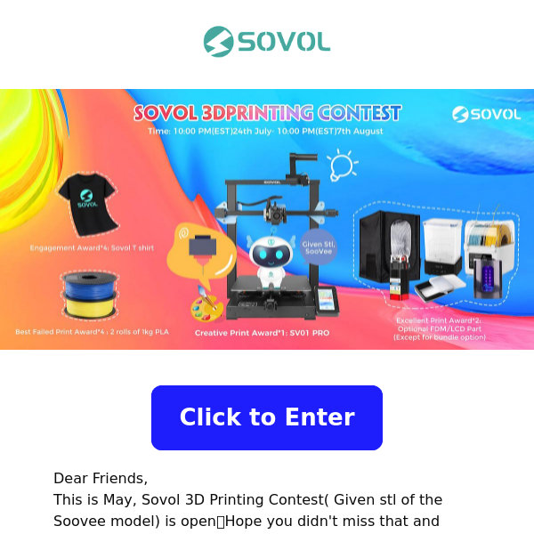 Sovol 3D Printing Contest( Given stl of Soovee), Win free SV01 PRO 3D Printer, Dual Filament Dryers, Laser kits, Filaments, T-shirts etc🥳