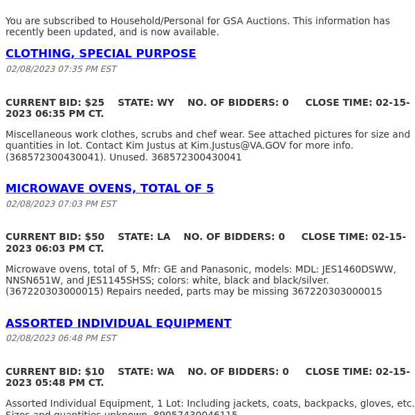 GSA Auctions Household/Personal Update