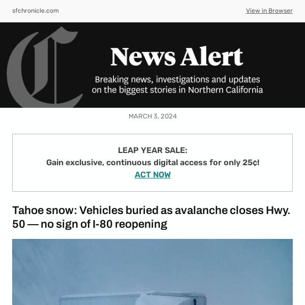 Tahoe snow: Vehicles buried as avalanche closes Hwy. 50 — no sign of I-80 reopening