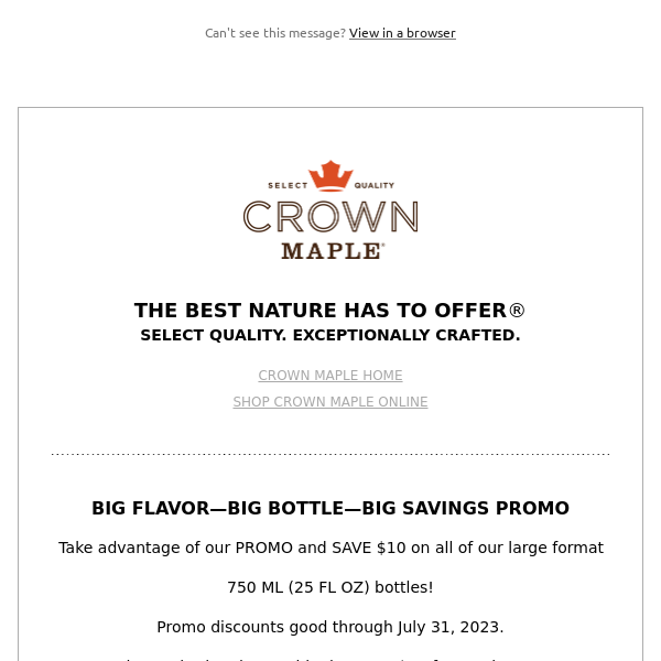 Crown Maple SAVE $10 Instantly on 25 Fl Oz Bottles | Free Shipping Over $75