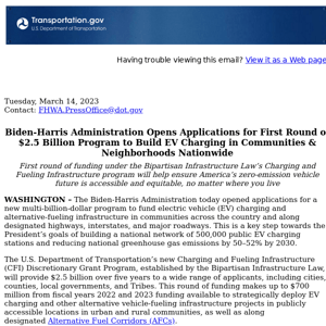 Biden-Harris Administration Opens Applications for First Round of $2.5 Billion Program to Build EV Charging in Communities & Neighborhoods Nationwide