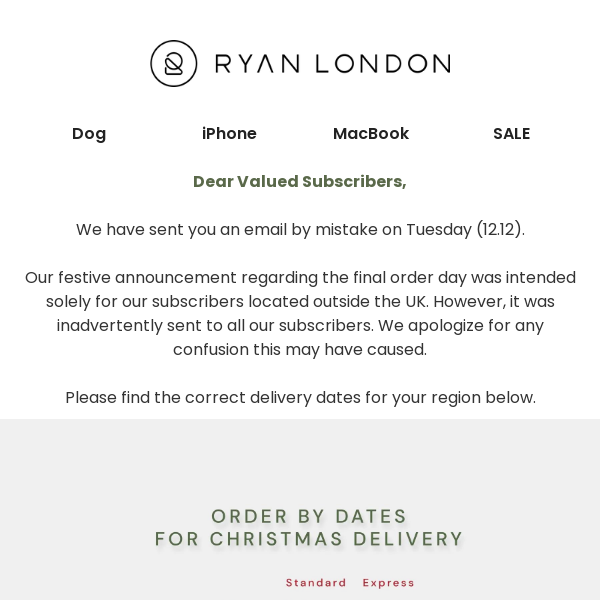 Our Apologies: Updated Christmas Order Deadlines