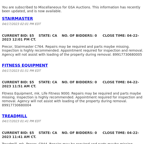 GSA Auctions Miscellaneous Update