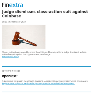 Finextra News Flash: Judge dismisses class-action suit against Coinbase