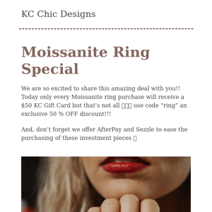 MOISSANITE RINGS 50% OFF PLUS GIFT CARD