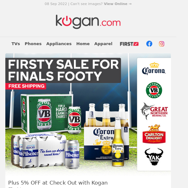 Firsty Sale - Free Shipping on VB, Carlton Draught & More for Finals Footy!