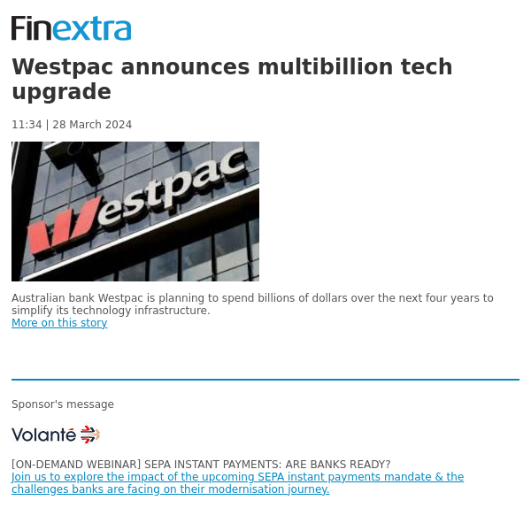 Finextra News Flash: Westpac announces multibillion tech upgrade