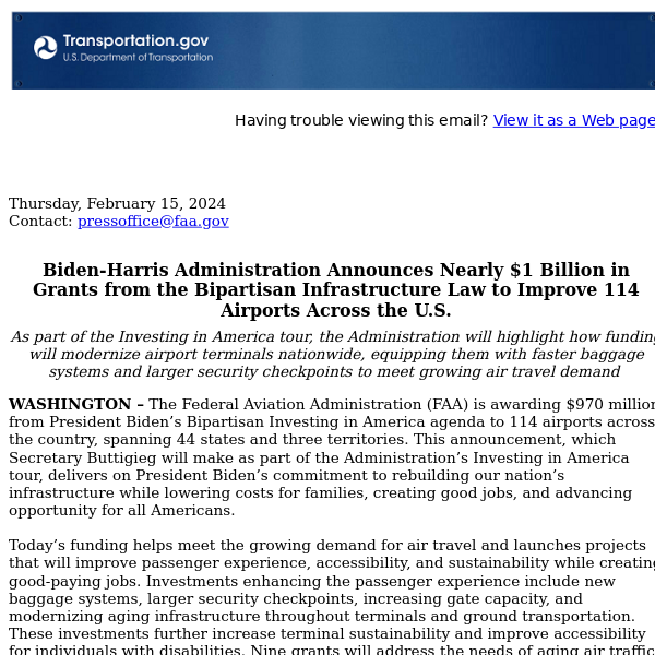 Biden-Harris Administration Announces Nearly $1 Billion in Grants from the Bipartisan Infrastructure Law to Improve 114 Airports Across the U.S.