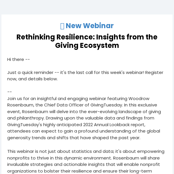 Last Chance: Rethinking Resilience: Insights from the Giving Ecosystem