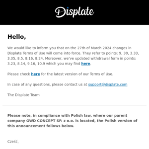 Changes in Displate Terms of Use/Zmiana regulaminu Displate
