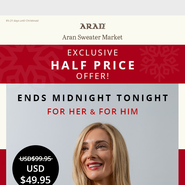 Ends Tonight: HALF PRICE Offer On Classic Aran Sweaters For Her & Him