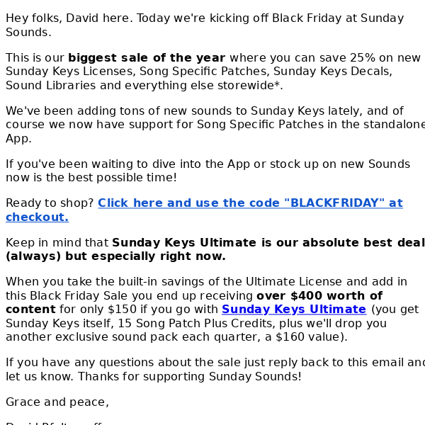 Black Friday at Sunday Sounds starts now