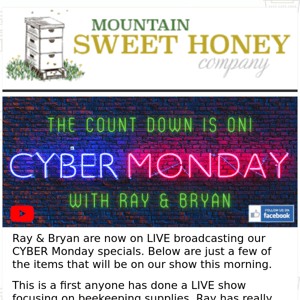 CYBER MONDAY SALE is NOW!  Watch now to win packages of bees each hour