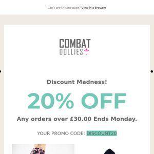 DISCOUNT MADNESS!!!

Don't tell anyone else!

20% OFF
