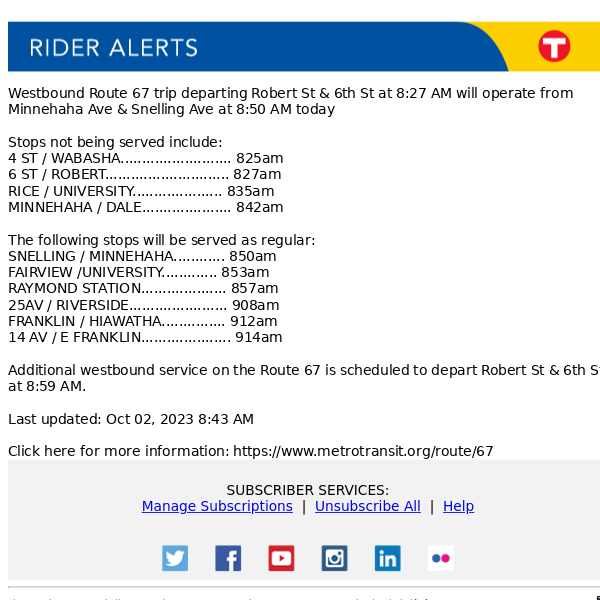 Route 67 trip departing Robert St & 6th St at 8:27 AM canceled