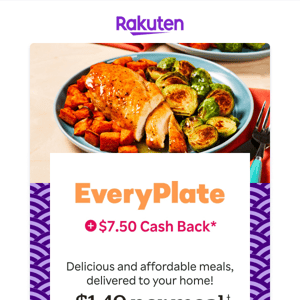Everyplate: $1.49 per meal + $7.50 Cash Back