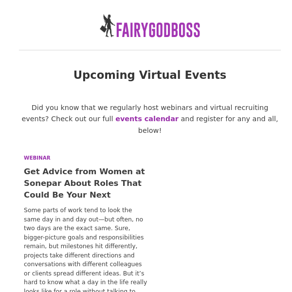 📣 Just for YOU! Upcoming Virtual Events on Fairygodboss
