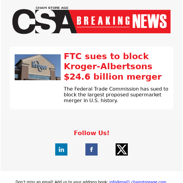 BREAKING: FTC sues to block Kroger-Albertsons $24.6 billion merger