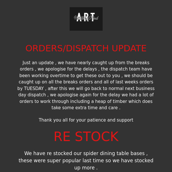 ORDER UPDATE AND TABLE LEGS