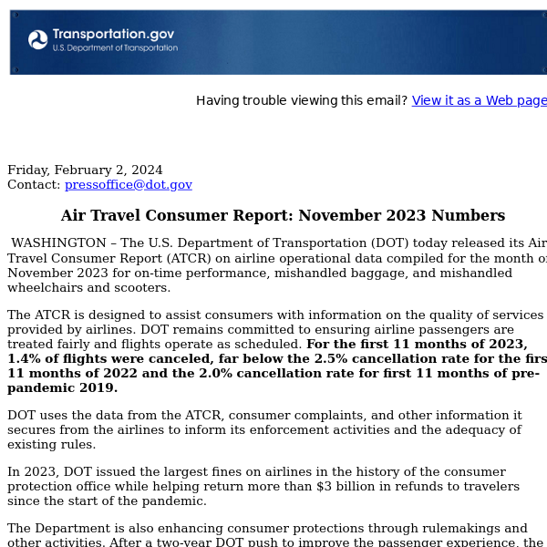  Air Travel Consumer Report: November 2023 Numbers​