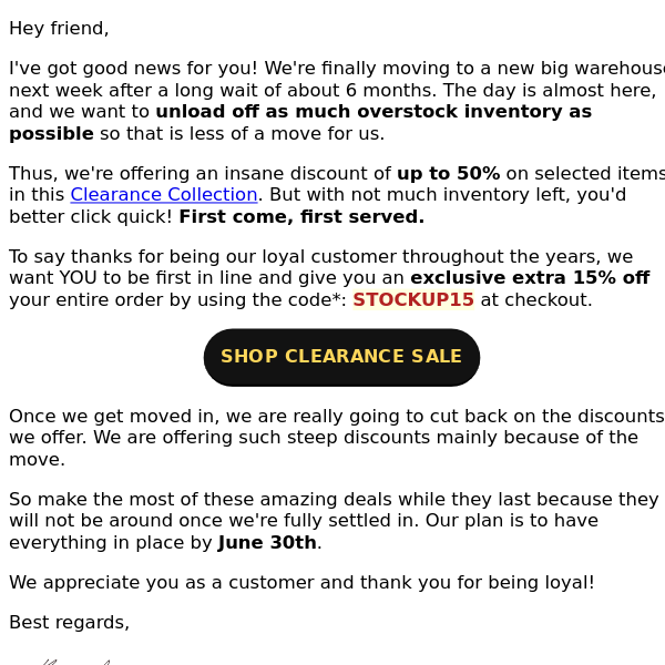 📢 We CLEAR all OVERSTOCK items today, buddy!