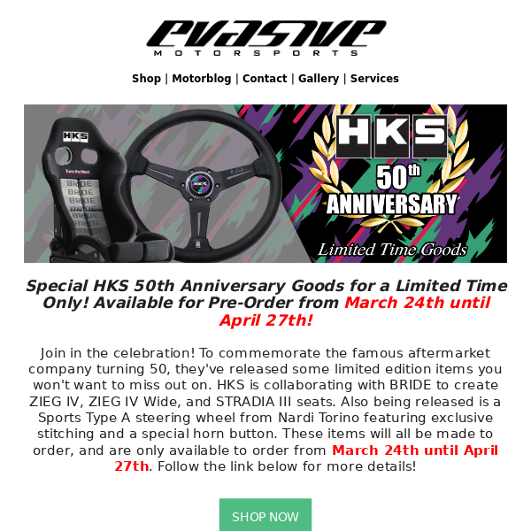Limited Time HKS 50th Anniversary Goods!