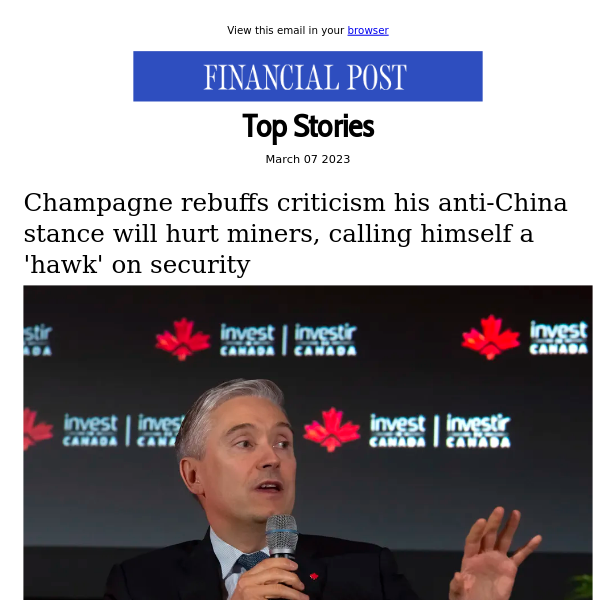 Champagne rebuffs criticism his anti-China stance will hurt miners, calling himself a 'hawk' on security