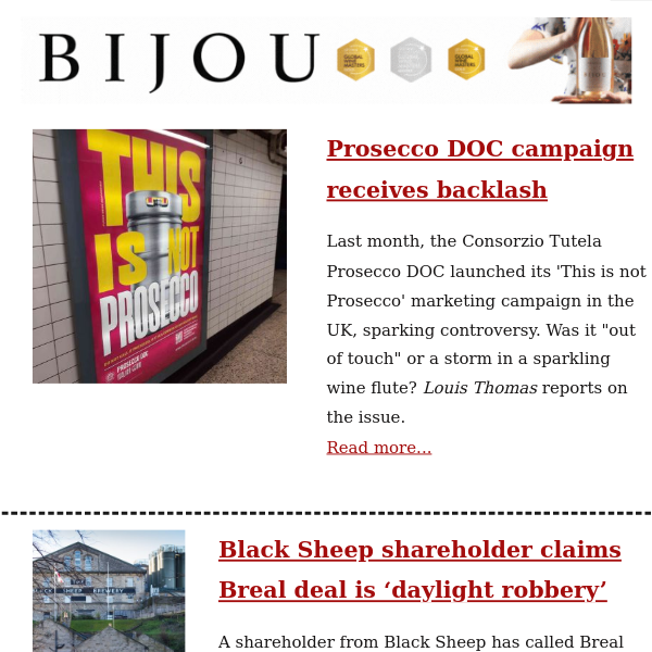 Prosecco DOC campaign receives backlash / Breal's Black Sheep deal called 'daylight robbery' / Guinness offers bright spot for Diageo