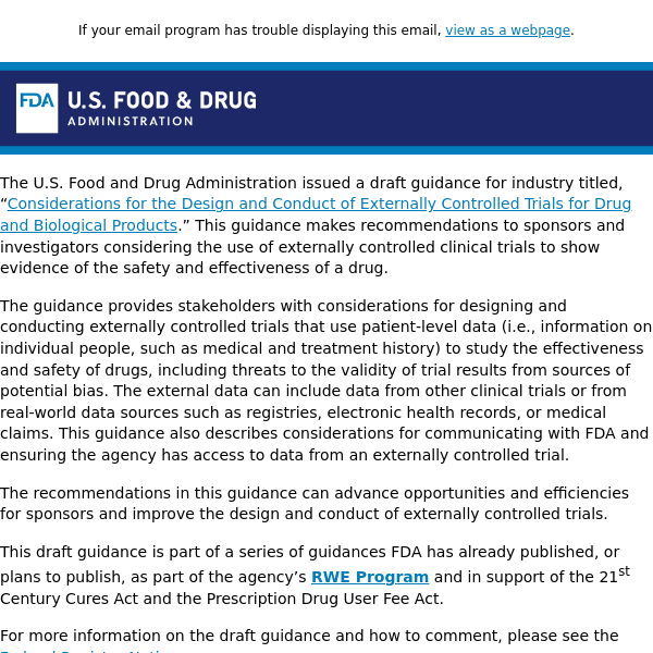 FDA issues draft guidance related to drug and biologics clinical trials 