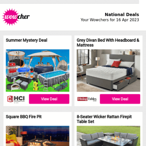 Summer Mystery Deal  | Grey Divan Bed With Headboard & Mattress | Square BBQ Fire Pit | 8-Seater Wicker Rattan Firepit Table Set