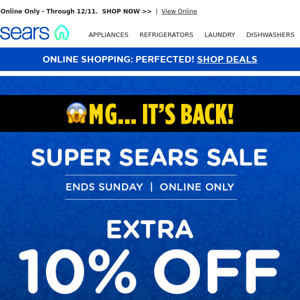 OMG - It's Back! Super Sears Sale EXTRA 10% Savings!