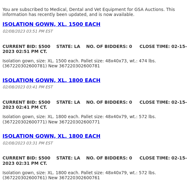 GSA Auctions Medical, Dental and Vet Equipment Update