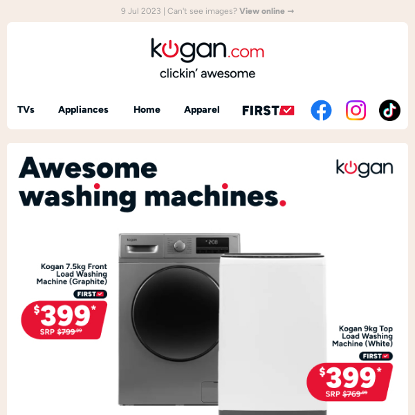 🧺 50% OFF Kogan 7.5kg front load washing machine - Huge capacity, small price!