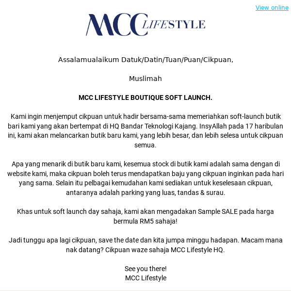 Muslimah | Jemputan untuk menghadiri Soft Launch MCC Lifestyle all new boutique.