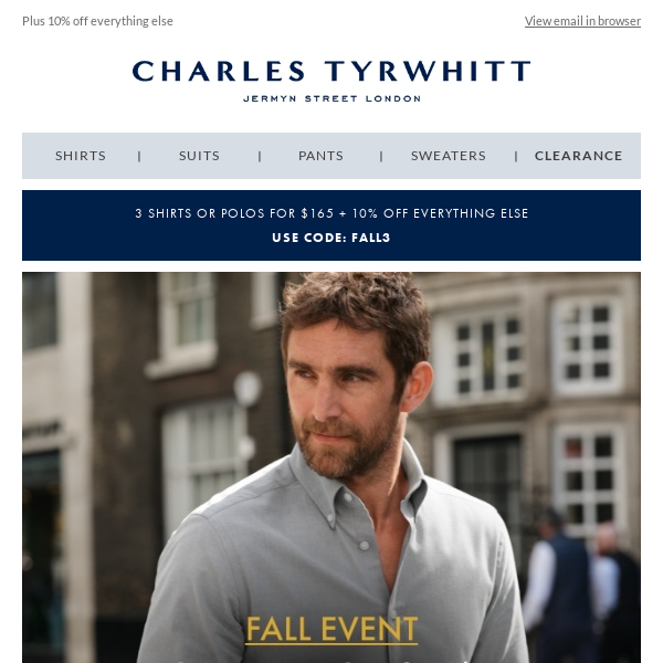 Grab 3 Shirts or Polos for $165 + Extra 10% Off at Charles Tyrwhitt! 🎉