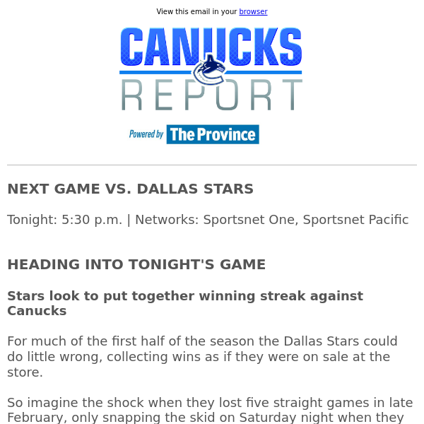 Stars look to build streak against Canucks