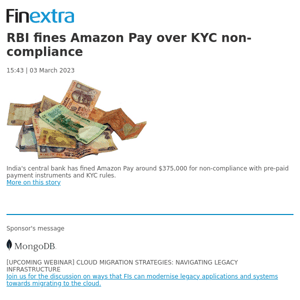 Finextra News Flash: RBI fines Amazon Pay over KYC non-compliance