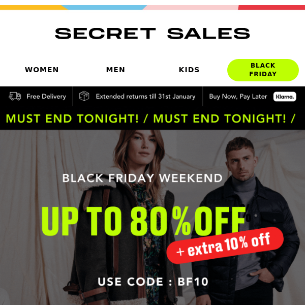 ENDS TONIGHT! Up to 80% off + EXTRA 10% off trainers, coats, sweatshirts...