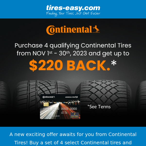 NEW Continental Tires Rebate: Buy 4, Get Up to $220 Back!