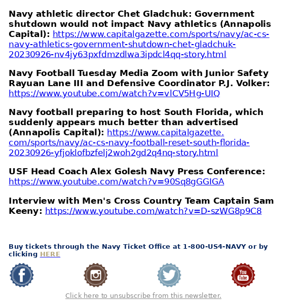 Navy Athletics Media Links for Tuesday