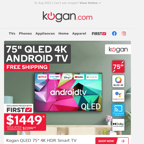 75" QLED Smart TV $1449* Plus Free Shipping - Today Only!