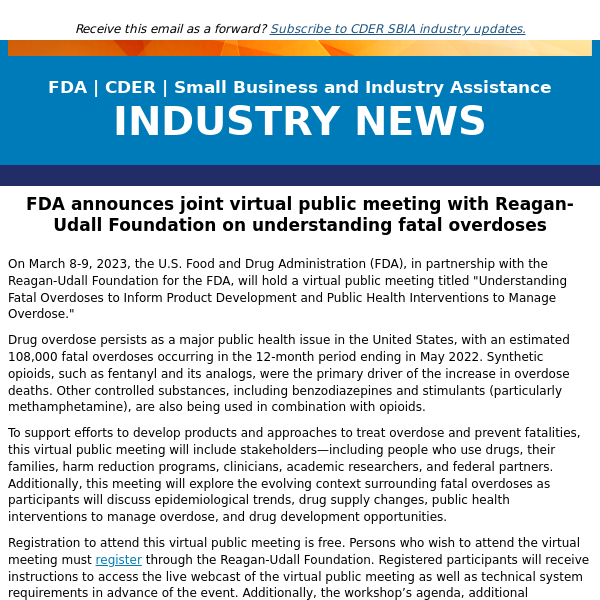 FDA announces joint virtual public meeting with Reagan-Udall Foundation on understanding fatal overdoses