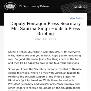 Deputy Pentagon Press Secretary Ms. Sabrina Singh Holds a Press Briefing
